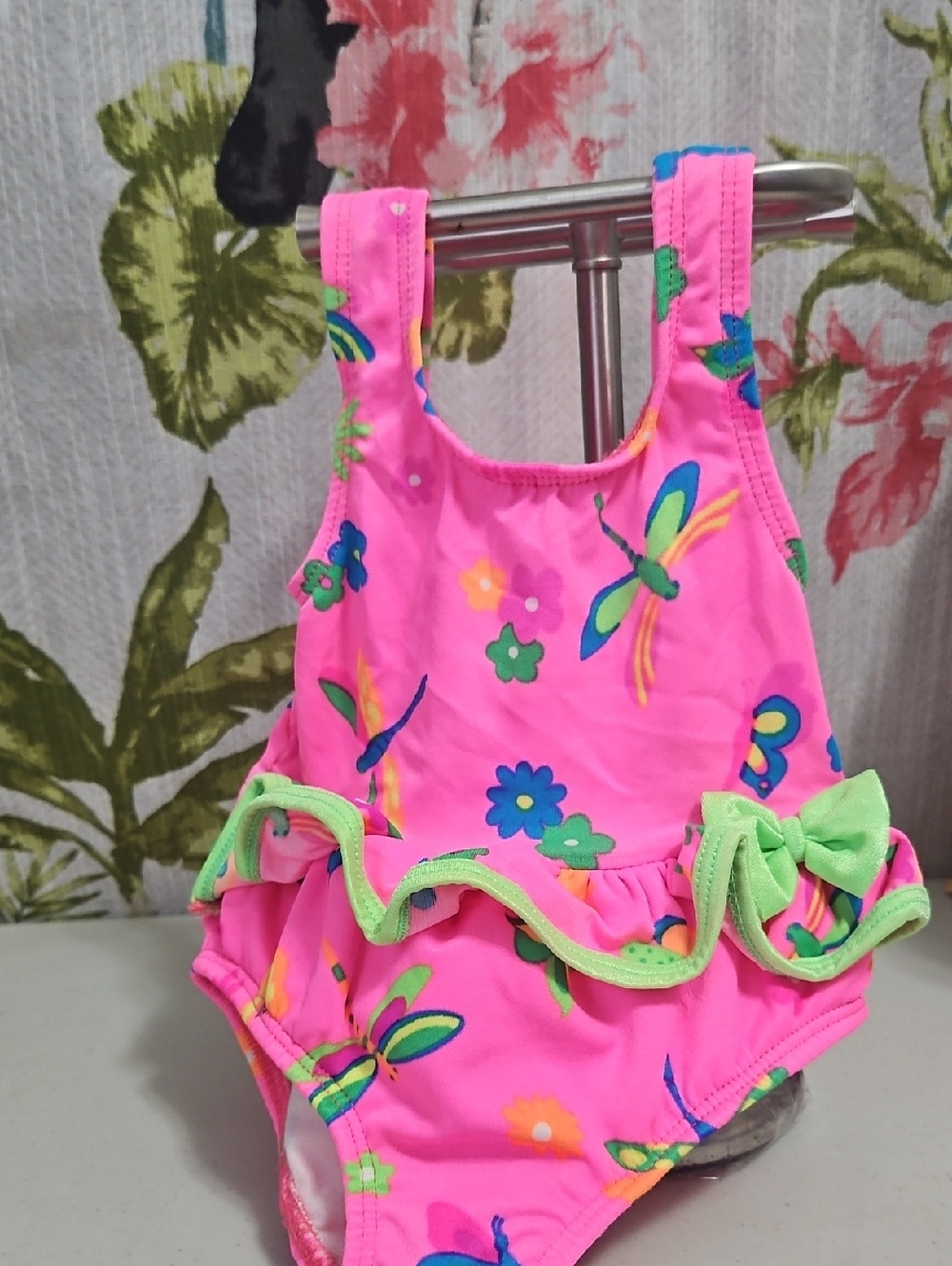 Tiny Hot Pink Neon Green Onepiece 12Mo Size Big Bow